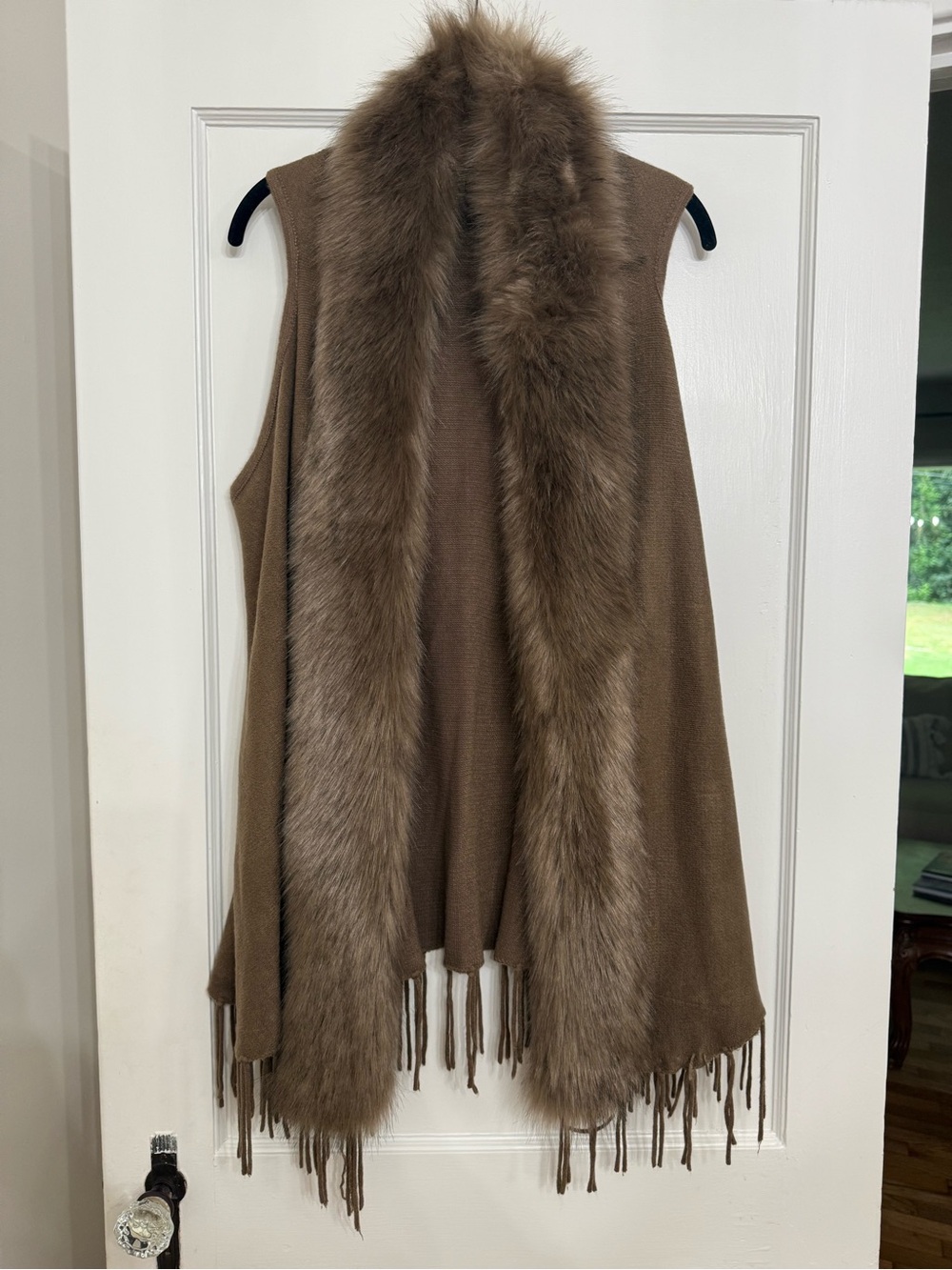 Origami Faux Fur Trim Fringe Sweater Vest Boho Mocha Brown Knit Sleeveless Cardi